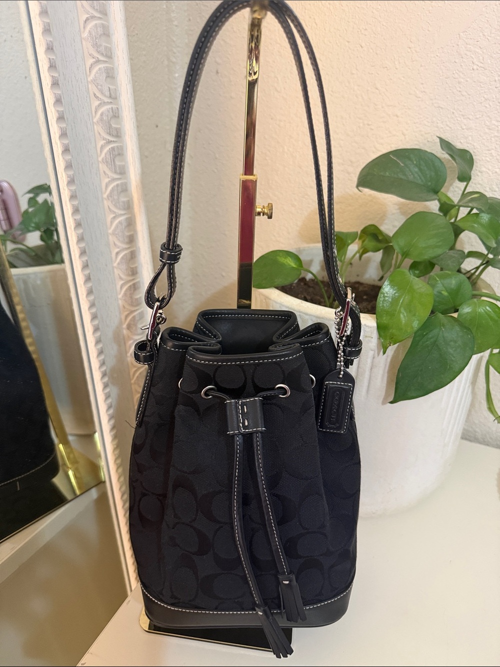 Vintage Coach Black Signature in canvas Jacquard  Bucket Bag